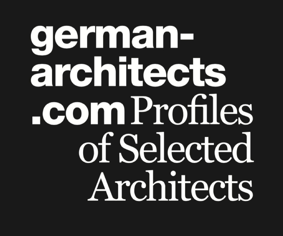 Logoabbildung, Schriftzug german-architects.com Profiles of Selected Architects in weißer Schrift auf schwarzem Hintergrund