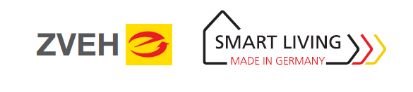 Logoabbildungen: ZVEH als grauer Schriftzug, Elektro-Innung Berlin/Brandenburg mit roten kleinen e auf gelben Hintergrund, Smart Living Schriftzug mit Untertitel Made in Germany