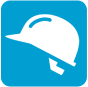 Icon Arbeitssicherheitsseminare, weißes Schutzhelm Symbol auf blauem quadratischem Hintergrund Icon Arbeitssicherheitsseminare, weißes Schutzhelm Symbol auf blauem quadratischem Hintergrund
