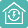 Icon Energie plus Technik, weißes Haussymbol mit Energieblitz in Mitte mit Pfeilkreislauf auf türkisen quadratischen Hintergrund