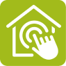 Icon Smart Home: weißes Haussymbol mit Wellen in Inneren wo eine Hand rauftippt auf hellgrünem quadratischen Hintergrund Icon Smart Home: weißes Haussymbol mit Wellen in Inneren wo eine Hand rauftippt auf hellgrünem quadratischen Hintergrund